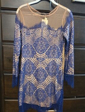 For Love & Lemons Navy Lace Long Sleeve Sheath Dress